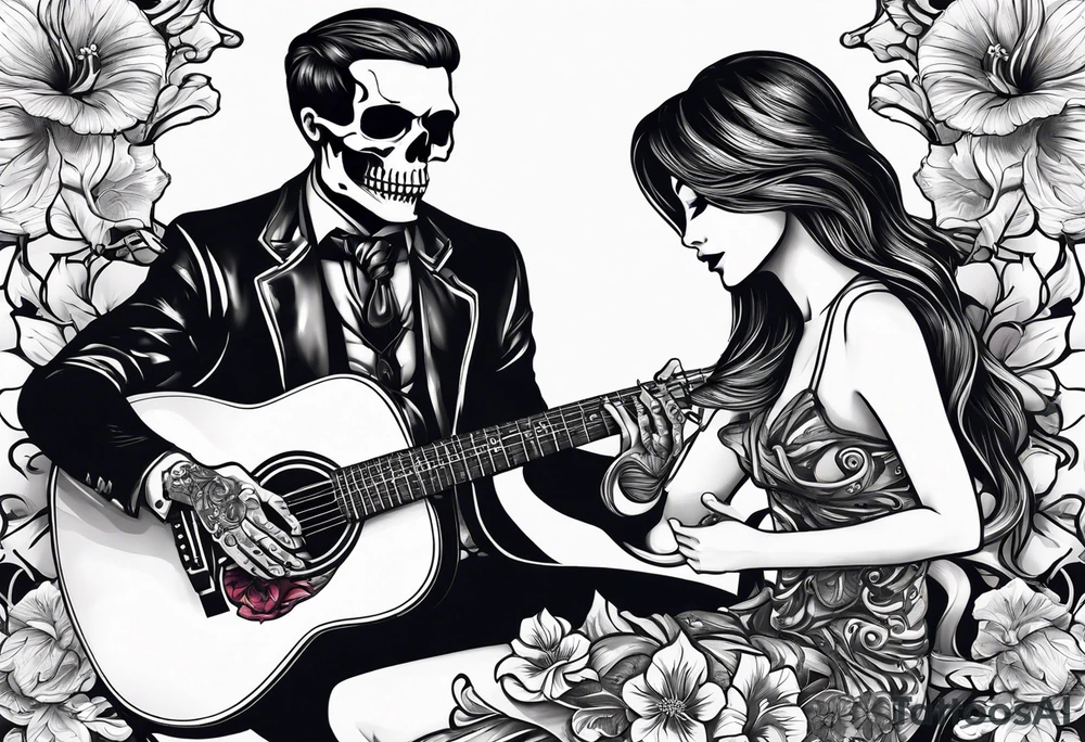 a male and a female skeleton. The male skeleton is playing the guitar. The female skeleton has a hibiscus flower. tattoo idea