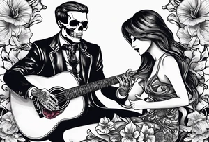 a male and a female skeleton. The male skeleton is playing the guitar. The female skeleton has a hibiscus flower. tattoo idea