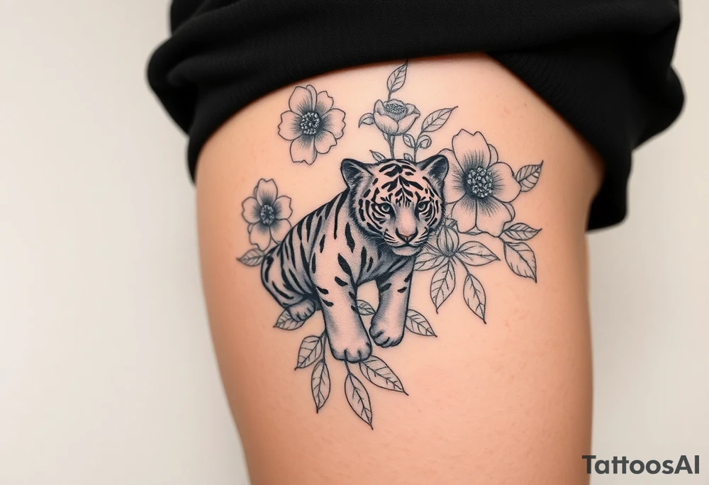 Floral tattoo with baby tiger tattoo idea
