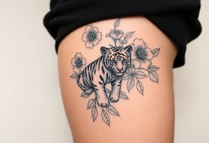 Floral tattoo with baby tiger tattoo idea