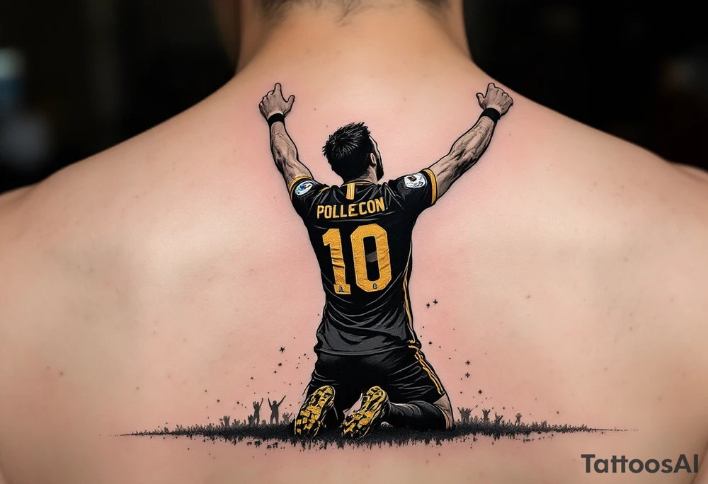 Last Second Goal Celebration
A player dropping to his knees in celebration, arms raised. Black and gold jersey, surrounded by light blue spotlight and subtle crowd silhouettes in gray. tattoo idea