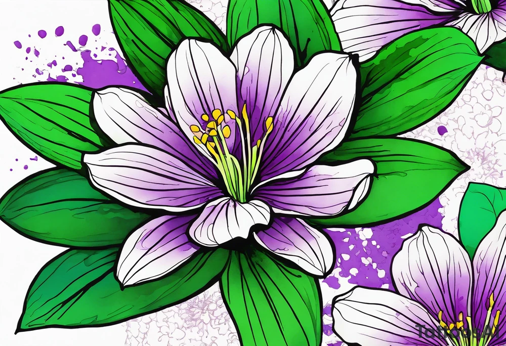 An outline of a rio dipladenia flower with green pedals and a purple watercolor splash in the background tattoo idea