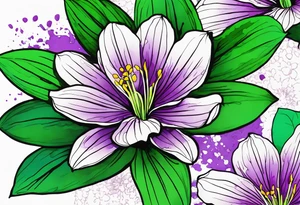 An outline of a rio dipladenia flower with green pedals and a purple watercolor splash in the background tattoo idea