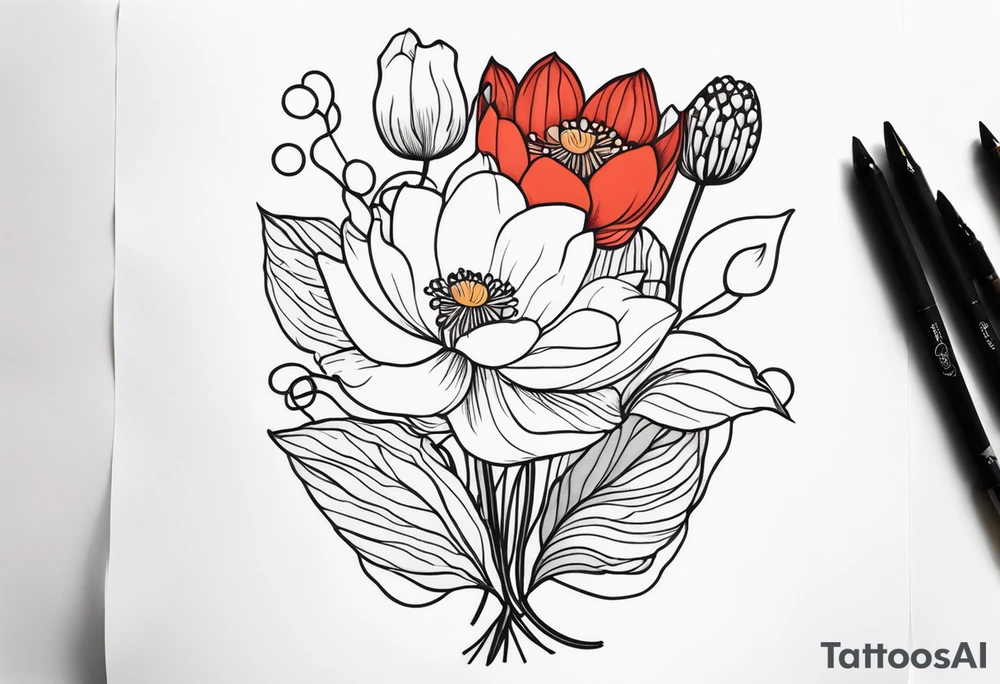 Poppy, water lily, Lily of the valley, flower bouquet, portrait style tattoo idea