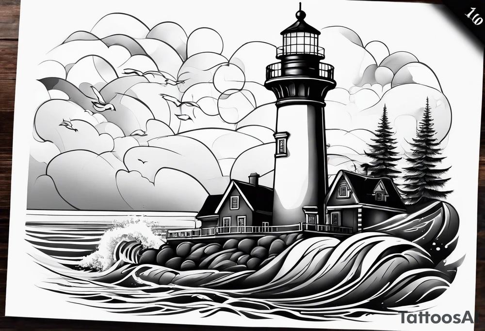 A light house with a contour lily at the bottom tattoo idea