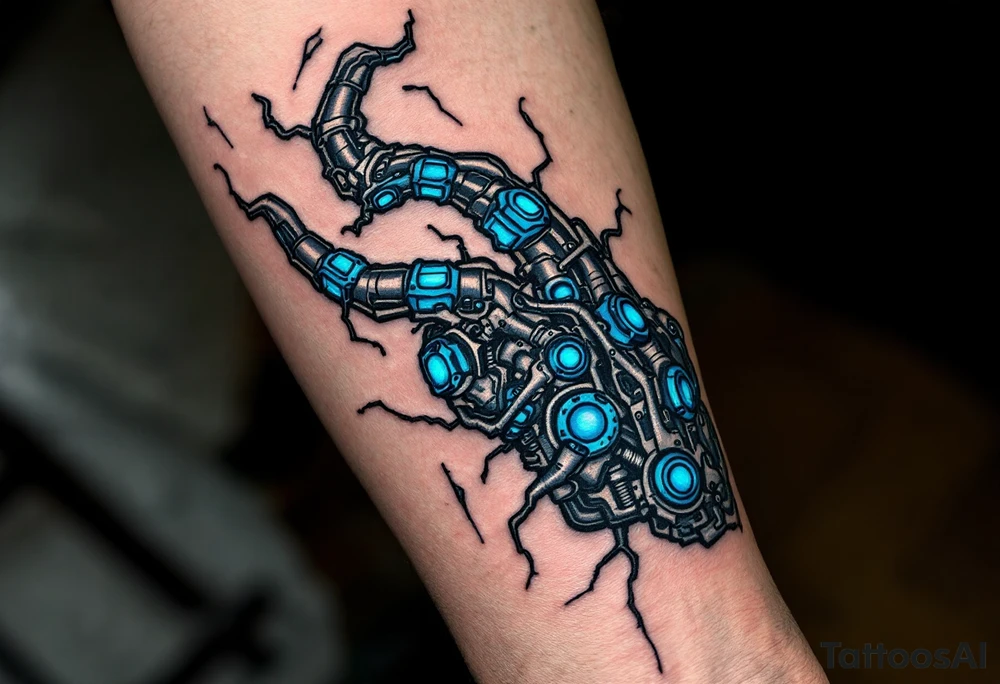 A mechanical part of forearm revealing graphite-colored artificial tendons under realistic shaded skin, accented with electric-blue joints. tattoo idea