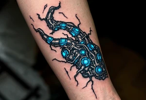 A mechanical part of forearm revealing graphite-colored artificial tendons under realistic shaded skin, accented with electric-blue joints. tattoo idea