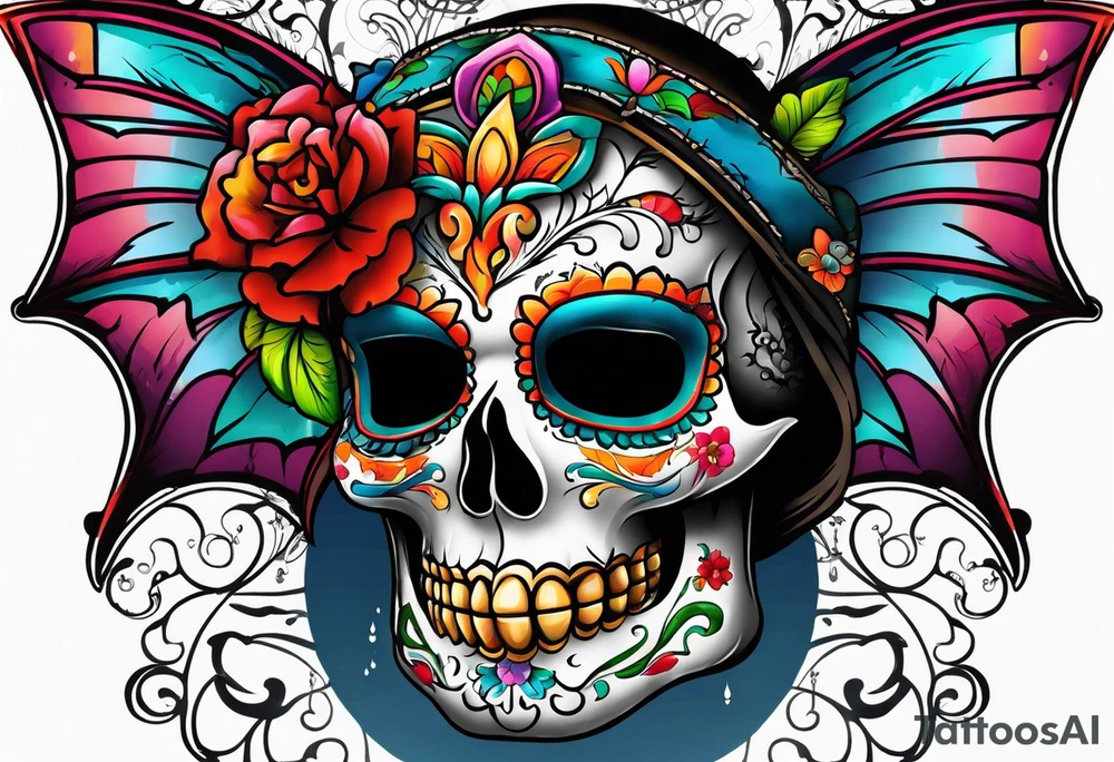 Colorful Mexican skull with bats and water tattoo idea