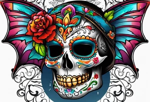 Colorful Mexican skull with bats and water tattoo idea