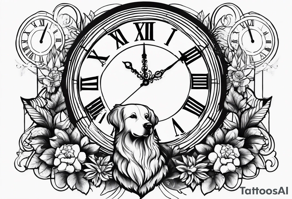 a tattoo mixing a clock and an hourglass in black and white where the year 1979 appears. and a golden retriever head tattoo idea