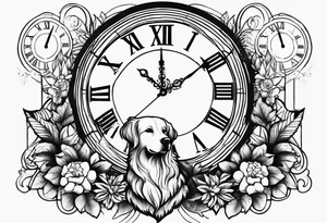 a tattoo mixing a clock and an hourglass in black and white where the year 1979 appears. and a golden retriever head tattoo idea