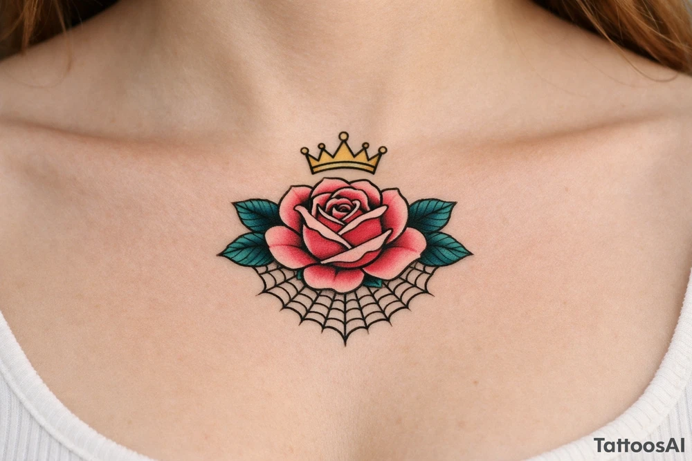 Pink and petrol rose , petrol leaves no stem, minimalist crown above it, spider web beneath tattoo idea