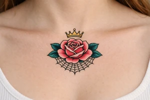 Pink and petrol rose , petrol leaves no stem, minimalist crown above it, spider web beneath tattoo idea