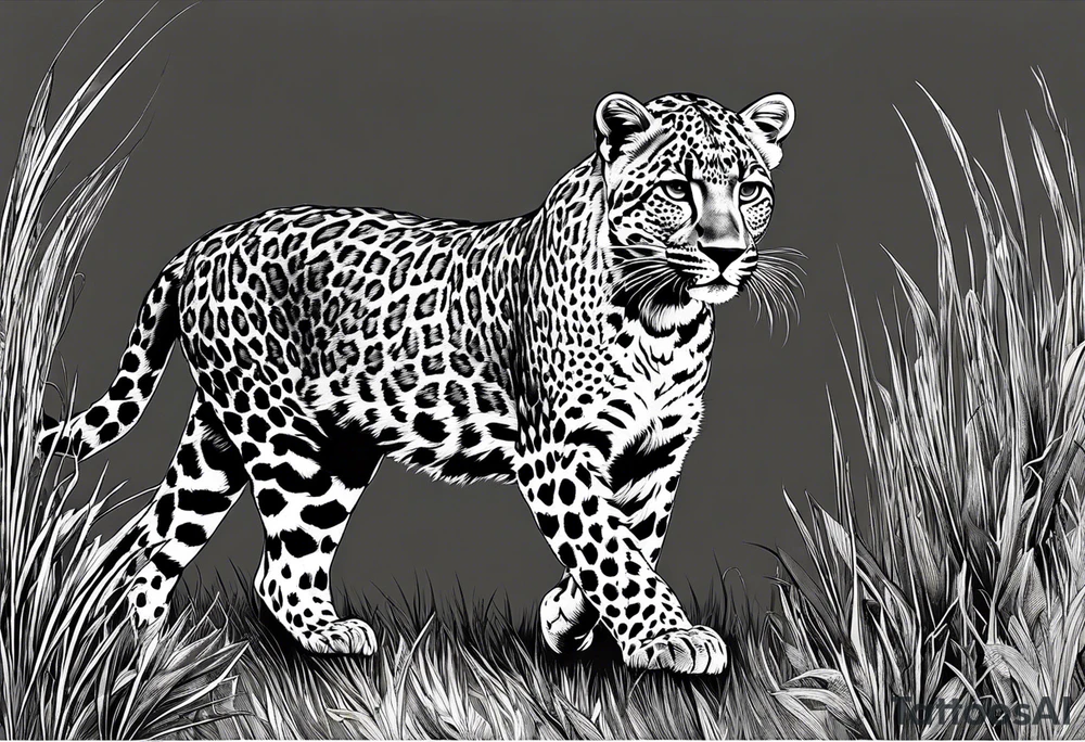 baby leopard walking with gras in the background tattoo idea