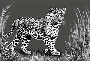 baby leopard walking with gras in the background tattoo idea