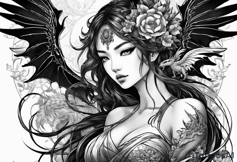 beautiful warrior nymph with wings and a dragon friend tattoo idea