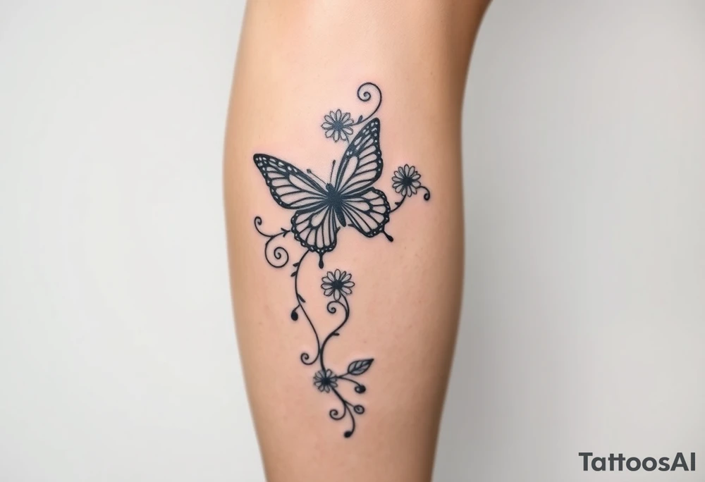 swirl pattern with butterfly and daisy leg tattoo design drawon on leg. i want to sell this in zepeto i want it too be shown on thigh to ankle and be asymmetrical please also show the overall image of total leg too 

ㅁ tattoo idea