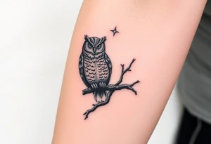 wise owl perched on ancient oak branch under starlit sky tattoo idea