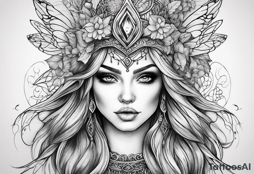 A fairy/witch with a Lot of collors, make It look mystic and really colorful and realistic. The background should also be colored please dont show anything Black and white tattoo idea