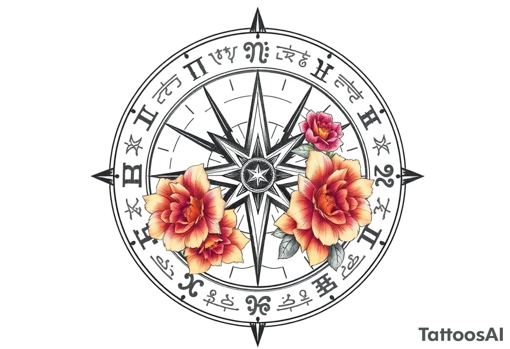 zodiac symbols the elements and Norse runes within ornate compass with roses lilly sunflowers tattoo idea