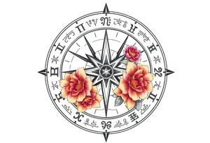 zodiac symbols the elements and Norse runes within ornate compass with roses lilly sunflowers tattoo idea