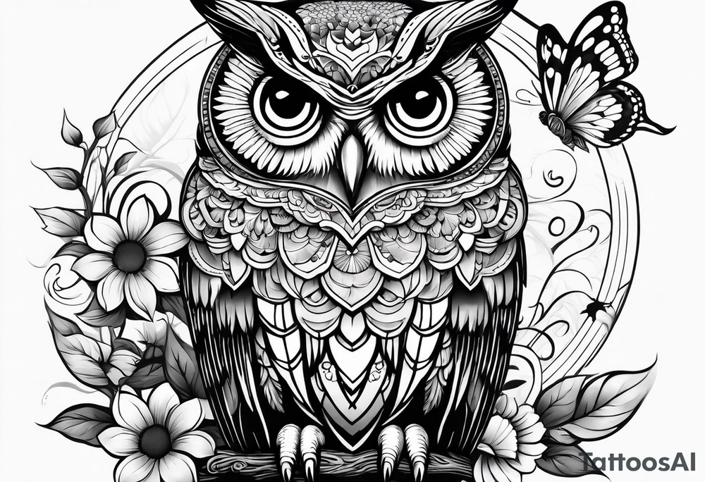 Sleeve with an owl, sunflower and butterfly tattoo idea