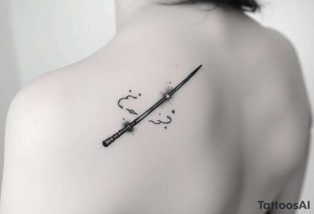 A magic wand (hermione's) with magic dust all around it and a ladybud exiting the wand like a magic spell, and some small detail around it that would do a piggyback on harry poter like a lightning, harry's glasses, the golden snitch etc... tattoo idea