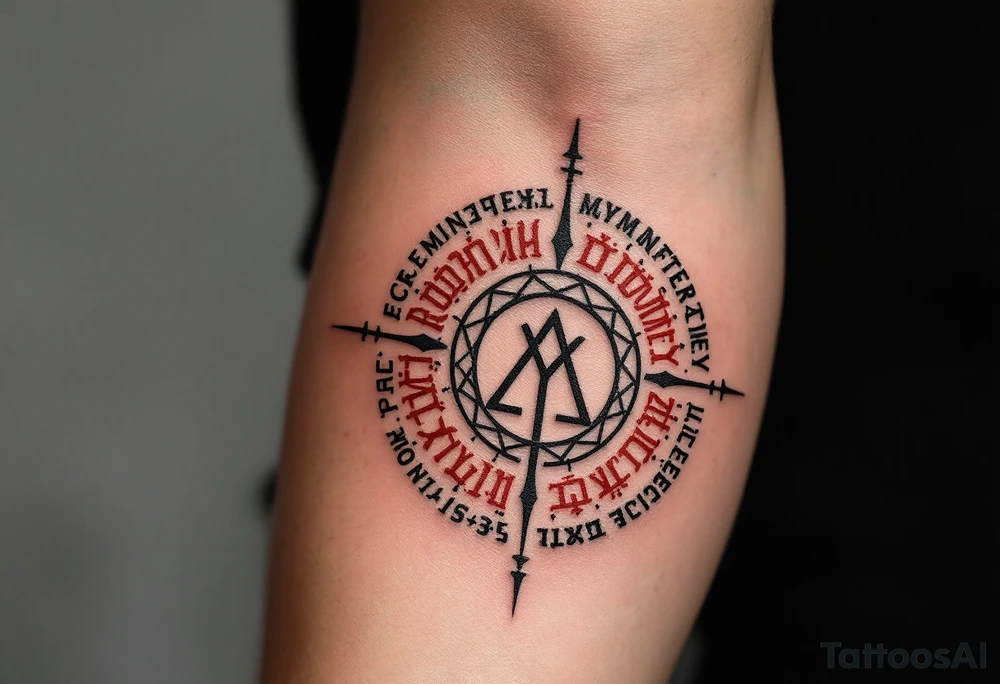 A bold black Rodovik (Family Sign) in a circle of red runes, honoring ancestral roots and family legacy. tattoo idea