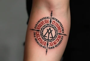 A bold black Rodovik (Family Sign) in a circle of red runes, honoring ancestral roots and family legacy. tattoo idea