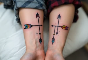 Tribal-style arrows in black with colored tips on the forearms on each partners point toward your shared journey. tattoo idea