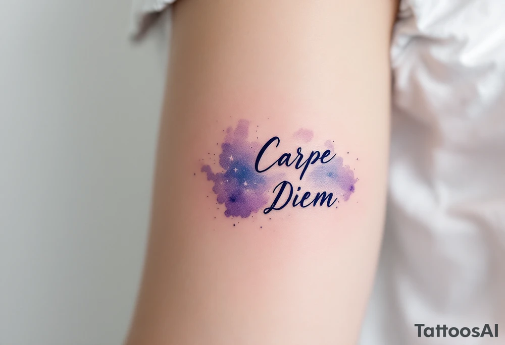 "Carpe Diem" in dark navy ink, placed over a soft watercolor galaxy in shades of purple and blue. tattoo idea
