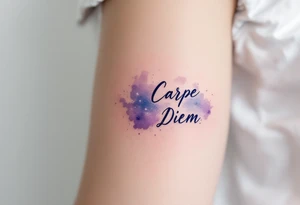 "Carpe Diem" in dark navy ink, placed over a soft watercolor galaxy in shades of purple and blue. tattoo idea
