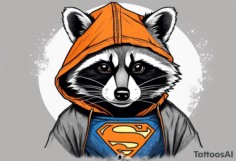 Raccoon wearing an orange Superman hoodie tattoo idea