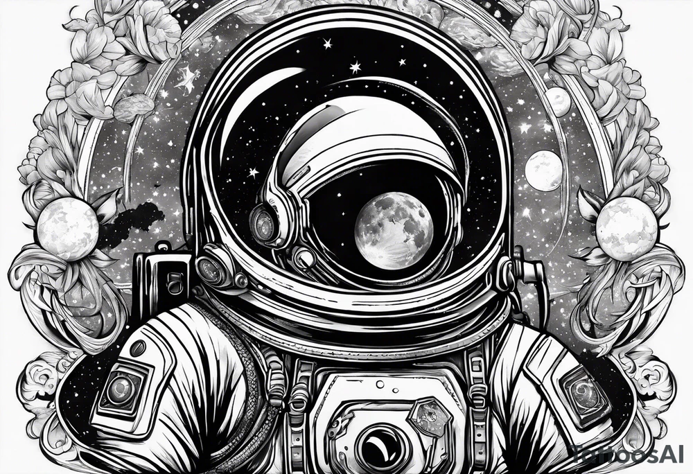 Cosmic tattoo with a planet and a astronaut, now make it more cosmic horror tattoo idea