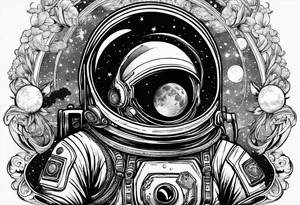 Cosmic tattoo with a planet and a astronaut, now make it more cosmic horror tattoo idea