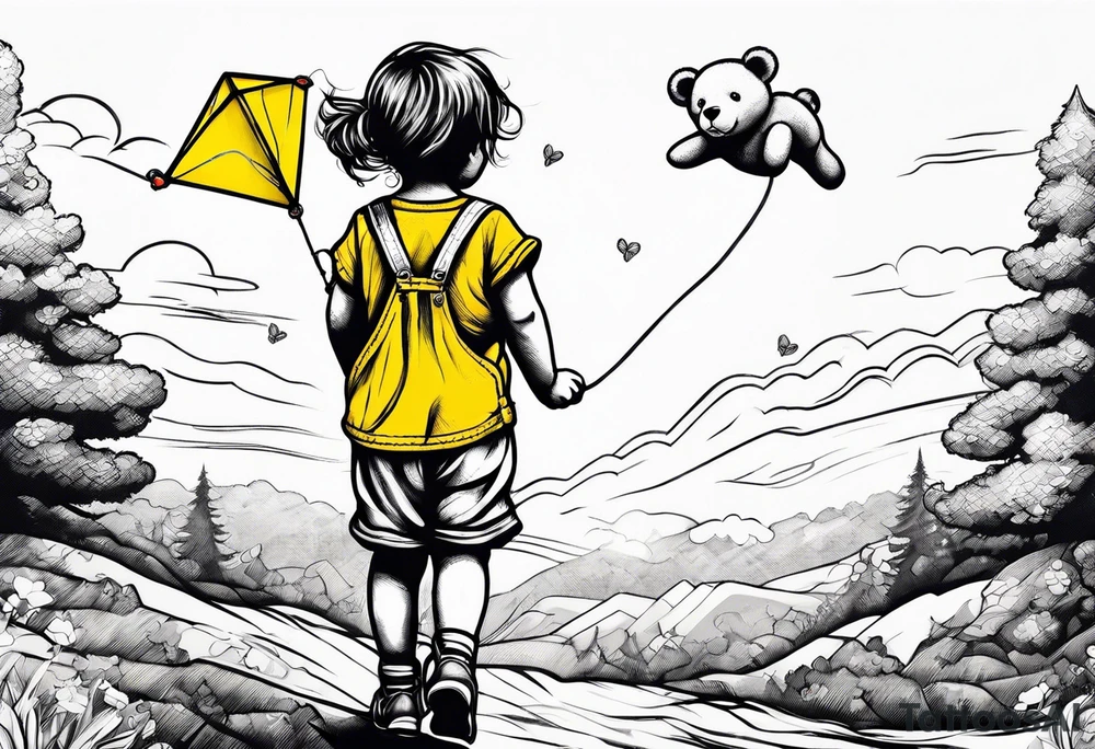 back image of a little girl flying a kite with a teddy bear in yellow overalls beside her tattoo idea