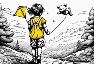 back image of a little girl flying a kite with a teddy bear in yellow overalls beside her tattoo idea