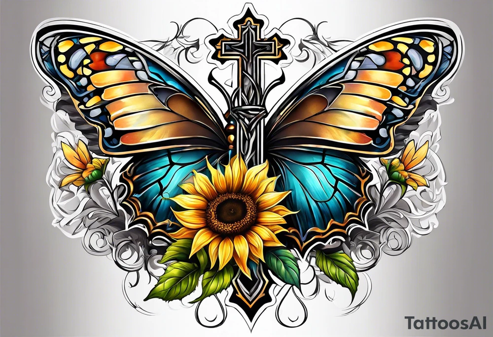 Winged cross with sunflower and butterflies tattoo idea