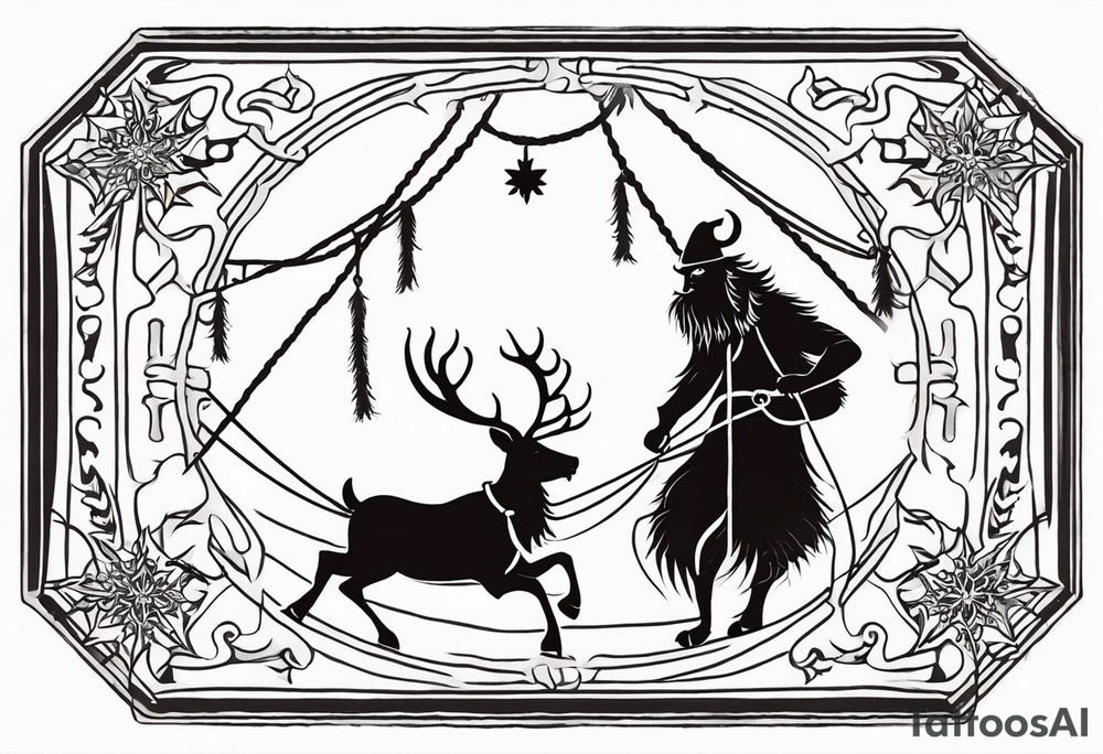 There will be a rope going down from it 
To which Santa Claus's sleigh is tied, but in the sleigh with reindeer there will be a krampus instead of a grandfather and they will be surrounded by a large snowflake tattoo idea