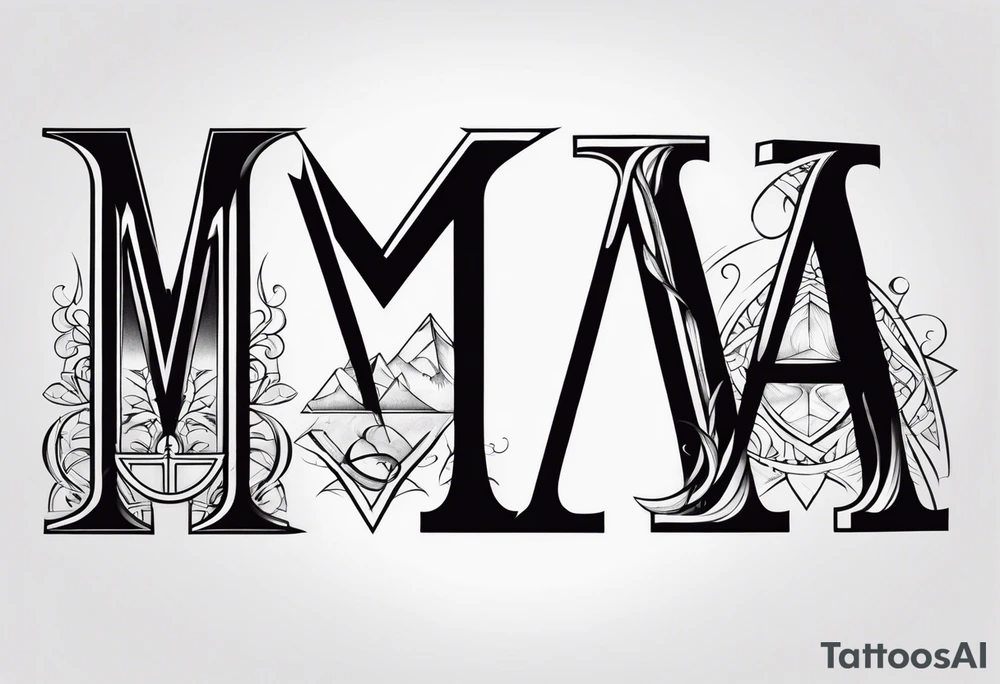 Intricate letter M, the number 4, Libra symbol, and two interlocking Mars symbols tattoo idea