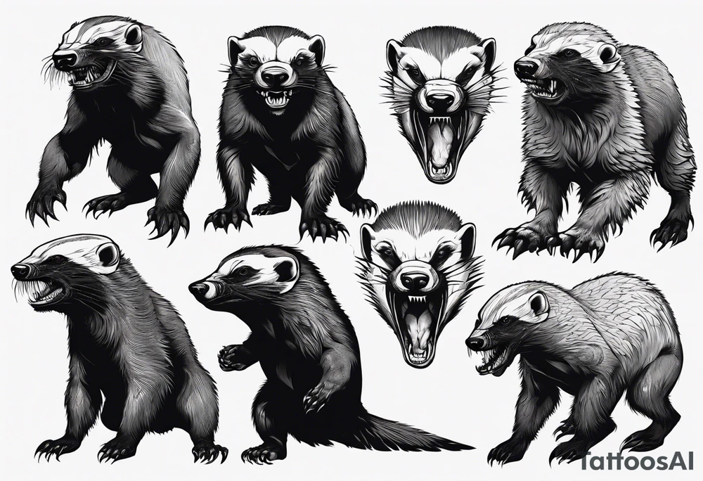 Angry, snarling, detailed full-length honey badger with numerous cuts tattoo idea