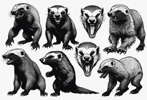 Angry, snarling, detailed full-length honey badger with numerous cuts tattoo idea