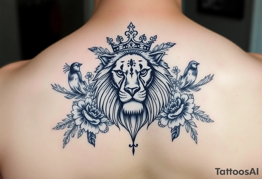 powerful majestic lion with a crown, surrounded by floral ornaments and birds tattoo idea