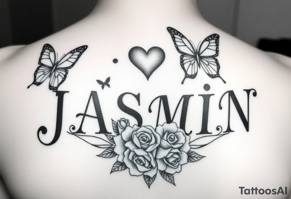 I NEED THE NAME JASMIN, THE DOT IN THE LETTER I TO BE A HEART, AND  BUTTERFLIES AND SUNFLOWERS AND SOME ROSES. I WANT THE ROSES TO UNDER THE TOP PART OF THE LETTER “J” AND FOR THE SUNFLOWERS, I WANT THOSE TO BE UNDER THE LETTER “N”, I WANT 2 ROSES AND 3 SUNFLOWERS tattoo idea