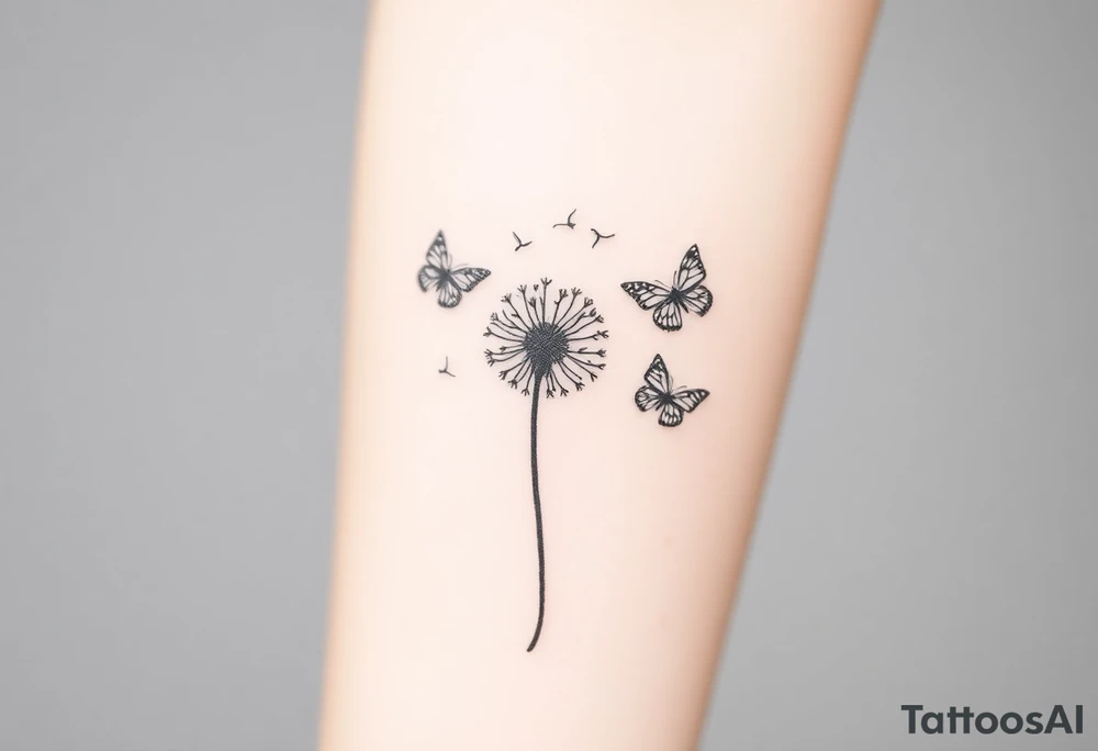 a dandelion and two butterflies flying around it. tattoo idea