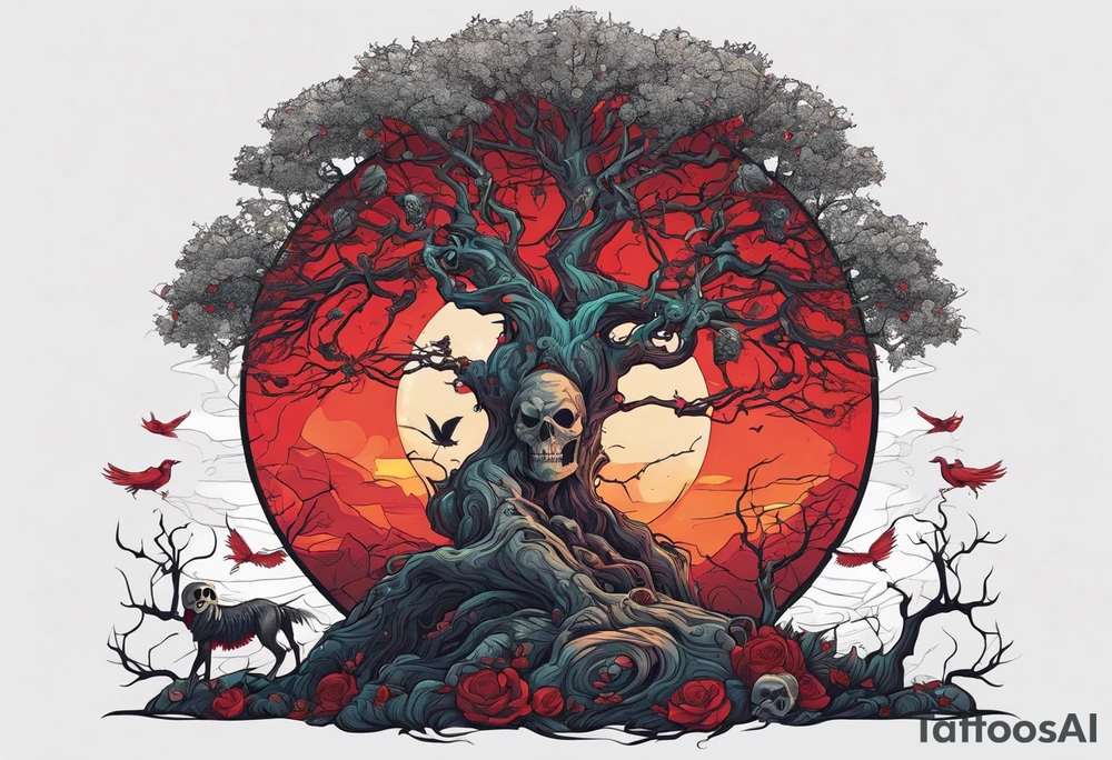 An ancient tree with a skeleton hanging on it. A joker and a skeleton in armor are chained near the tree. A red sun shines above the tree, and skeletons of birds fly tattoo idea