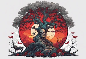 An ancient tree with a skeleton hanging on it. A joker and a skeleton in armor are chained near the tree. A red sun shines above the tree, and skeletons of birds fly tattoo idea