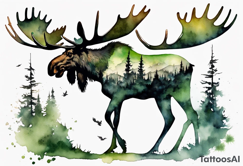 a giant moose covered in moss, shadow birds flying overhead, perched on moose tattoo idea