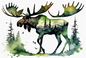 a giant moose covered in moss, shadow birds flying overhead, perched on moose tattoo idea