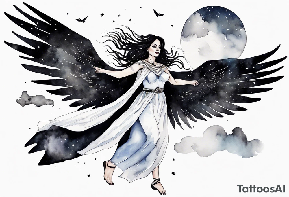 a beautiful 45 year old Dakota woman flying in the night sky with black wings, wearing a black and white cloak, bare feet tattoo idea